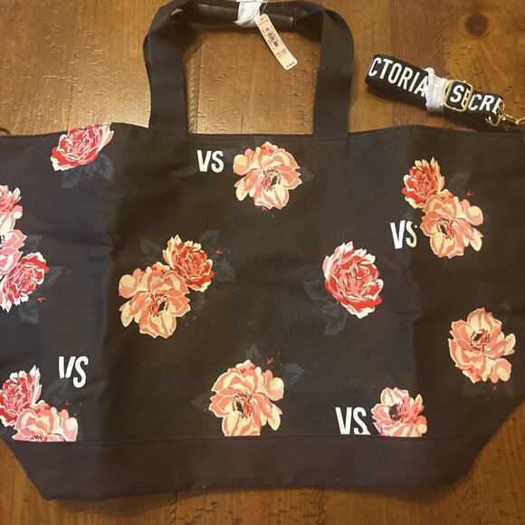 New Victoria Secret Black & Pink Floral Bag NWT Large Travel Bag - Picture 4 of 6